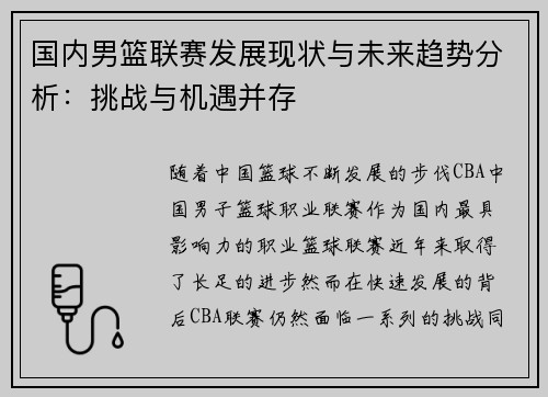 国内男篮联赛发展现状与未来趋势分析：挑战与机遇并存