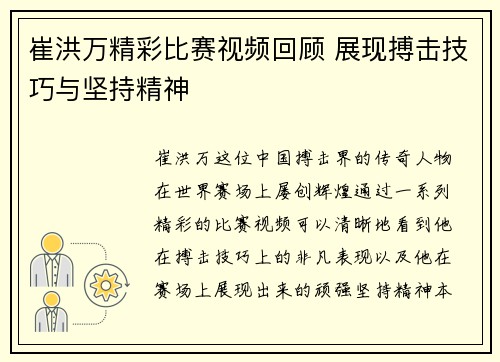 崔洪万精彩比赛视频回顾 展现搏击技巧与坚持精神